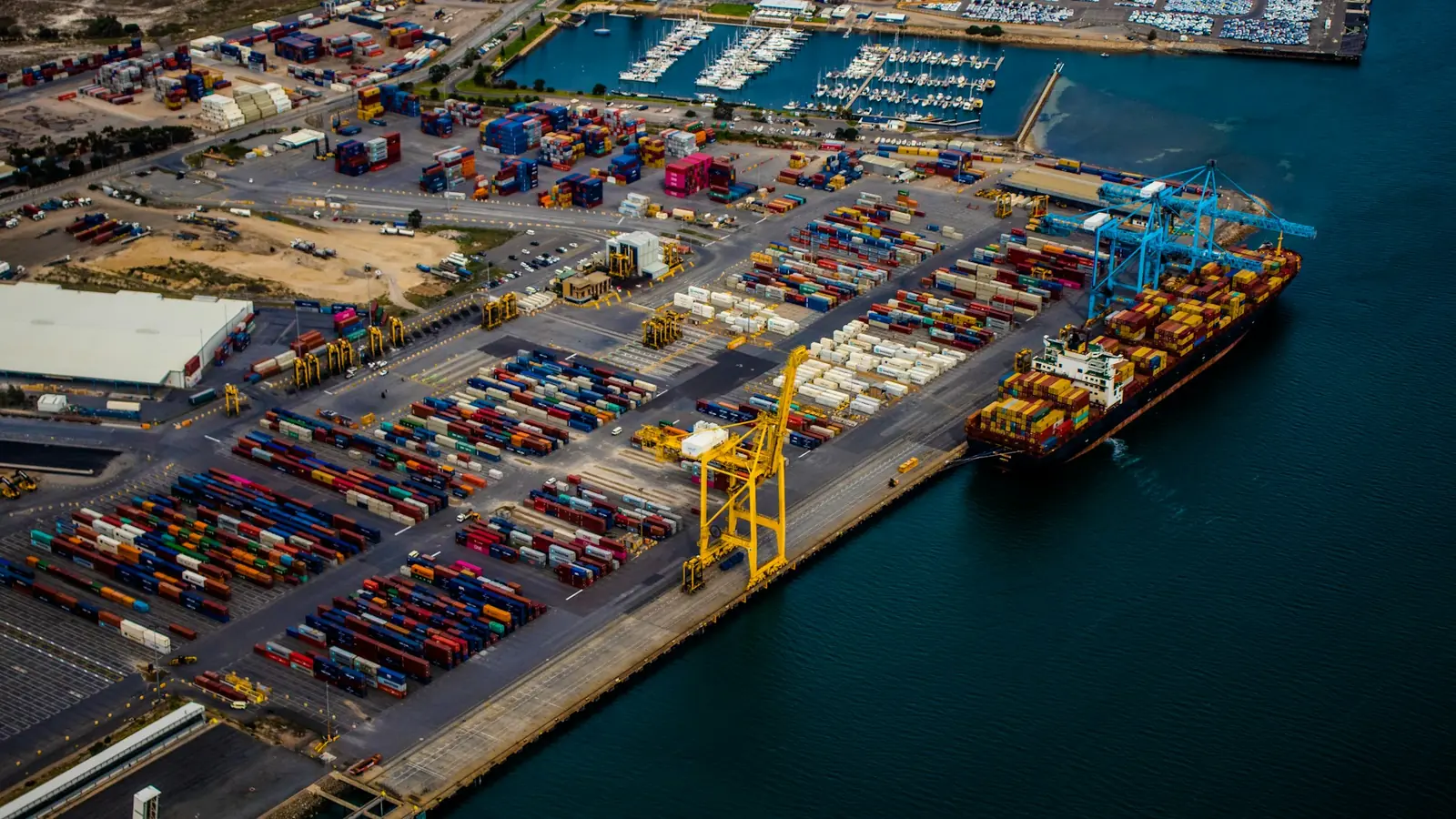 Aerial view of a container port by the sea
