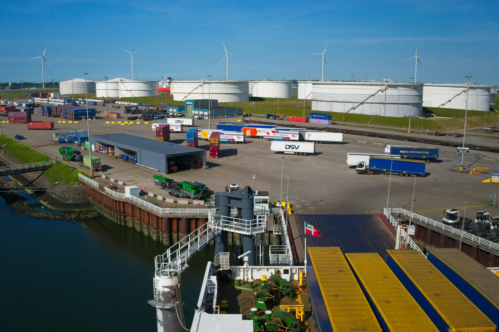 Aerial view of a Ro-Ro port with trailers and a ferry ramp